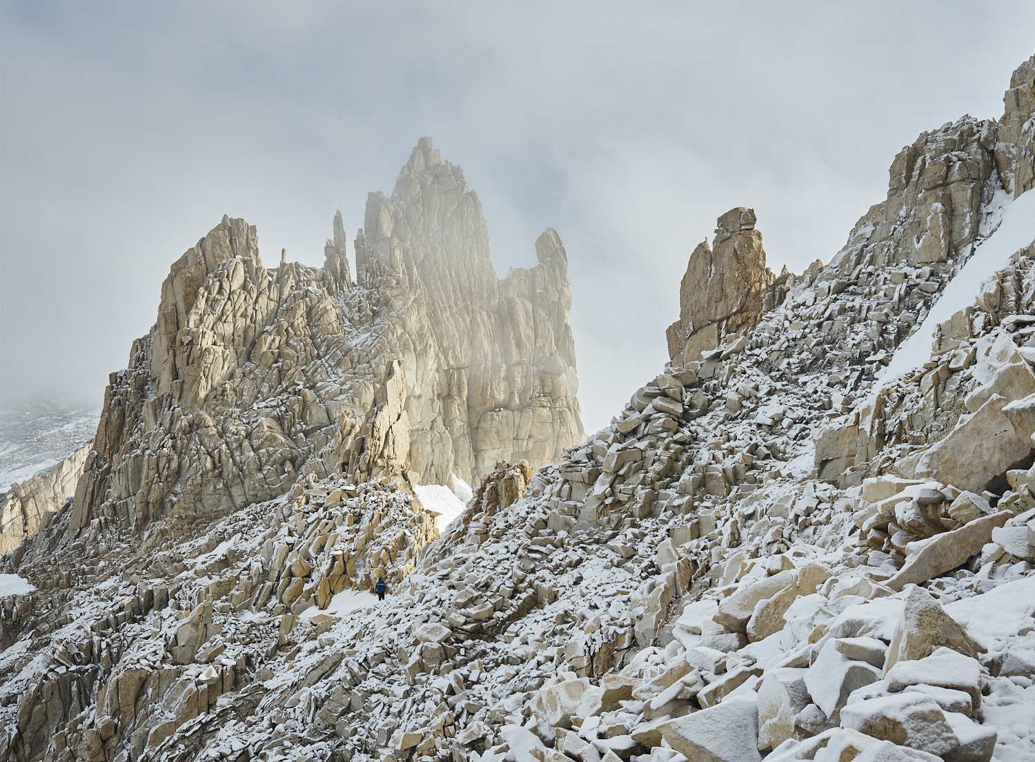 Snow covered rock formations near the summit of Mount Whitney.