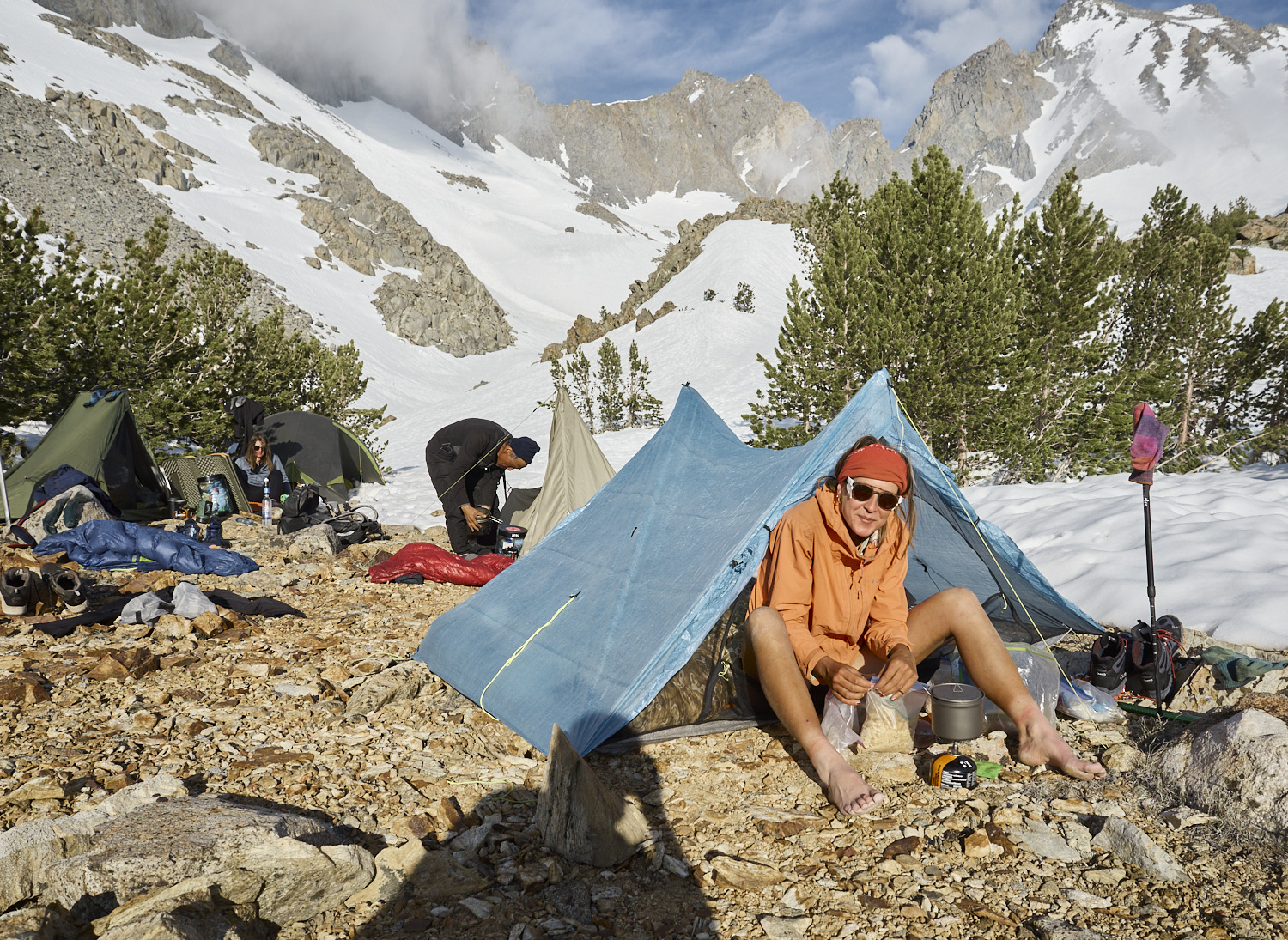 A hiker in her tent in the Sierra Nevada.