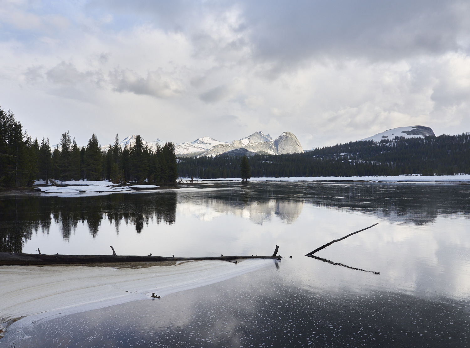 Large areas of the flat Tuolumne River valley near Tuolumne Meadows in Yoesmite National Park are flooded.
