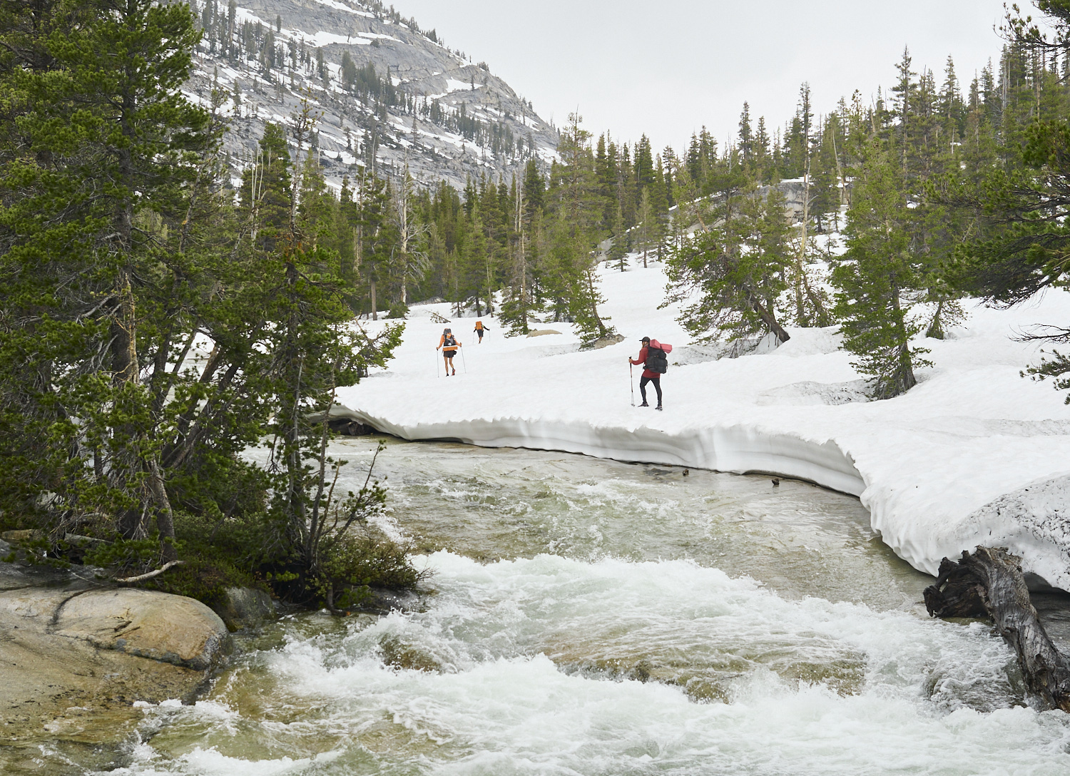 Hikers follow Spiller Creek, looking for a suitable place to cross.