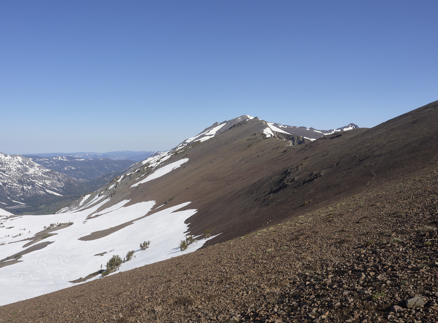 View along the PCT looking northwest from a pass between Dorothy Lake Pass and Sonora Pass.